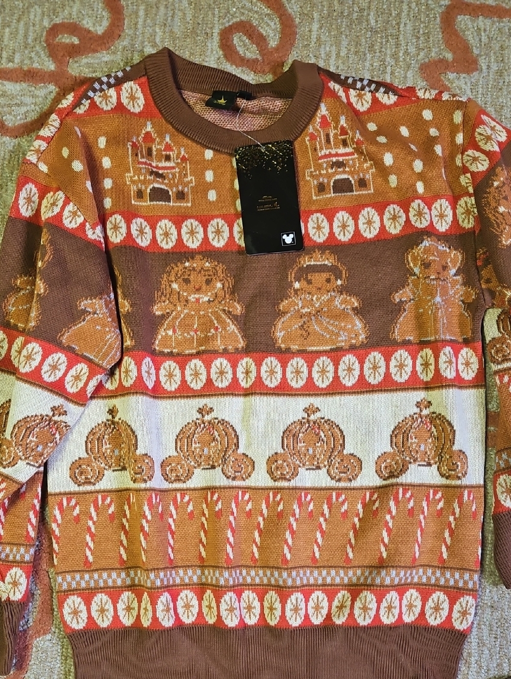 Disney Orange Brown Holiday Crewneck Sweater with Cinderella Motif